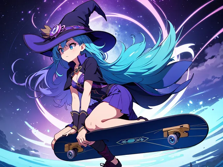 mysterious, magical,witch girl holding her enchanted skateboard, ready to ride, high detail, atmospheric