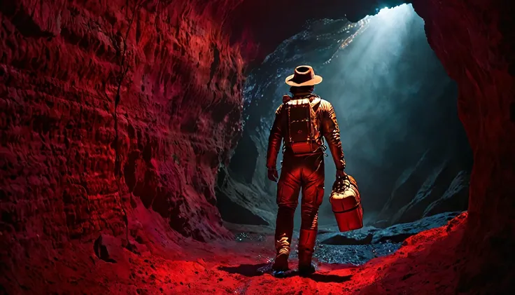 highlighting the Indiana Jones moment, with a space suit, brown leather hat, walking inside a spooky extraterrestrial cavern, bioluminescence on the walls, red fog in the background, science fiction atmosphere, modern style, hyperrealistic, cinematographic...