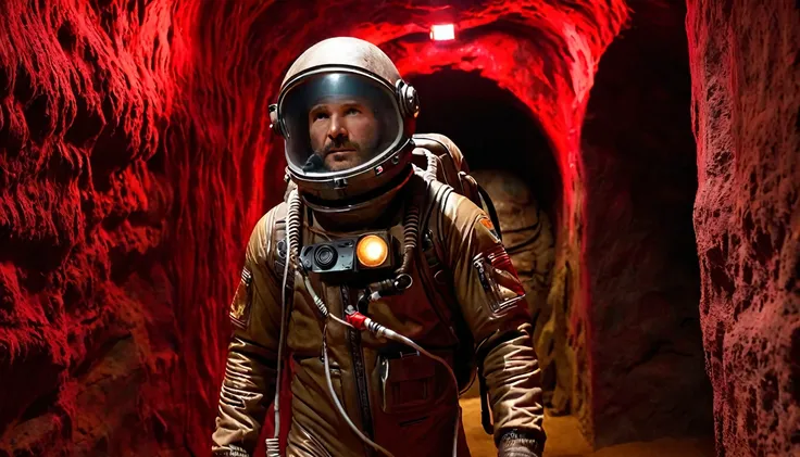 highlighting the Indiana Jones moment, with a space suit, brown leather hat, walking inside a spooky extraterrestrial cavern, bioluminescence on the walls, red fog in the background, science fiction atmosphere, modern style, hyperrealistic, cinematographic...