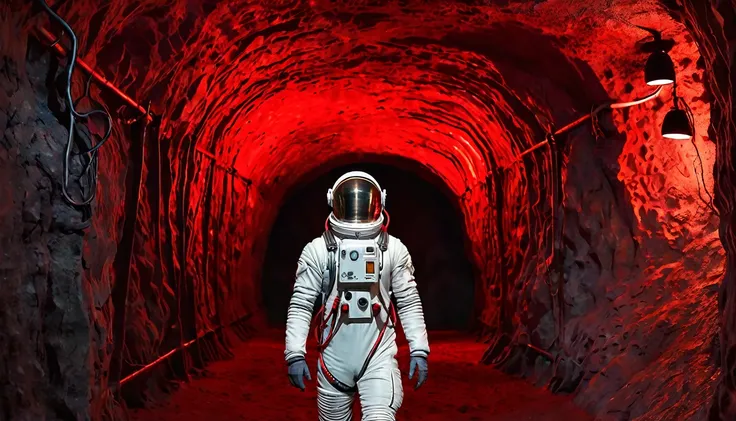 highlighting the Indiana Jones moment, with a space suit, brown leather hat, walking inside a spooky extraterrestrial cavern, bioluminescence on the walls, red fog in the background, science fiction atmosphere, modern style, hyperrealistic, cinematographic...