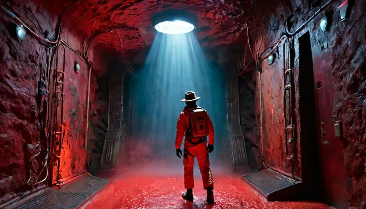 highlighting the Indiana Jones moment, with a space suit, brown leather hat, walking inside a spooky extraterrestrial cavern, bioluminescence on the walls, red fog in the background, science fiction atmosphere, modern style, hyperrealistic, cinematographic...