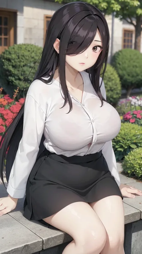 Cute mommy, mature women, realistic skin,perfect ,black hair, long hair, (hair over one eye:1.4), messy hair, hair between eyes, oversize shirt,pink mini skirt, chubby,plump,fat,pucker lips,cute shy blush on,garden, under tree,night 