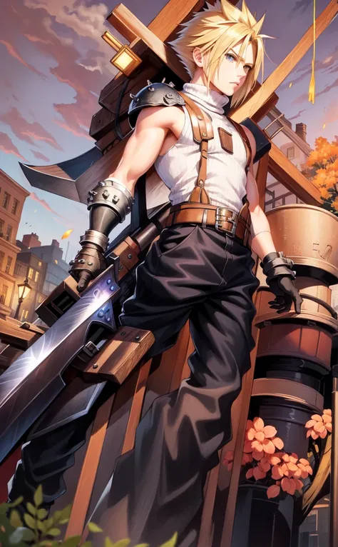 masterpiece, best quality, cloud strife, shoulder armor, sleeveless turtleneck, suspenders, belt, gloves, bracer, upper body, serious expression, looking at viewer, facing forward, city street, night, arms to side, ((Buster Sword))