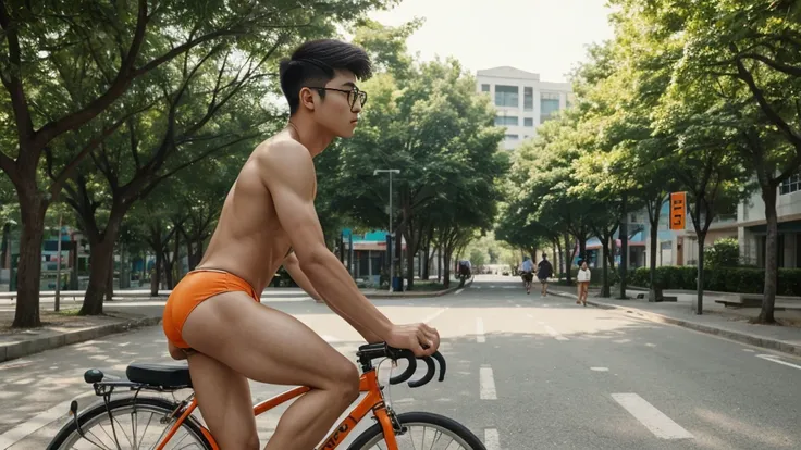 Side photo shot,Handsome Korean teenage boy, wearing eyeglass, cropped short hair, sharp eyes,he is riding a bicycle on school street , green tree,in nude body , wearing orange bikini underwear , shirtless, full body photo frame 