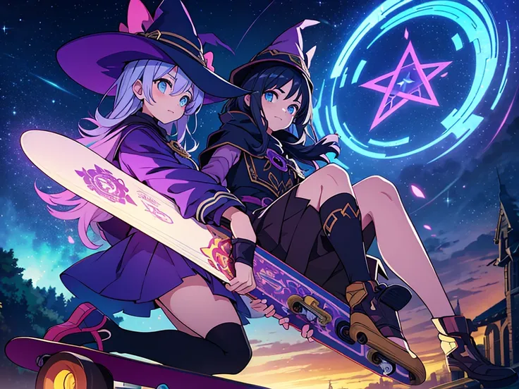 mysterious, magical,witch girl holding her enchanted skateboard, ready to ride, high detail, atmospheric 