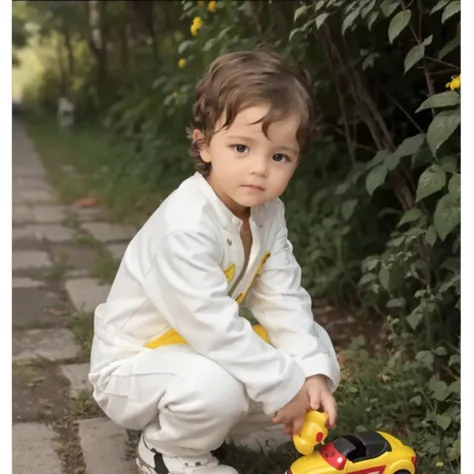 A boy in a white jumpsuit, a  of about 3 years old, dark, curly, long hair, black eyes, Russian, squatting, holding a yellow and red toy car in his hands, green bushes and a path in the background. 