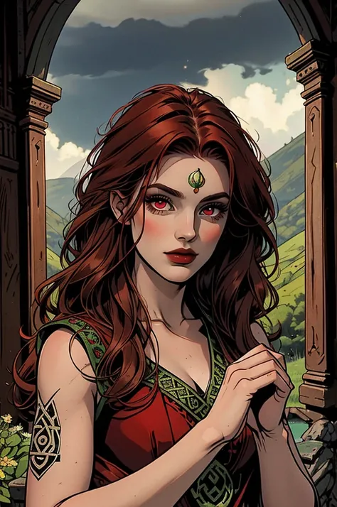 "An Irish woman with long, wavy, deep red hair stands in a mystical, verdant landscape. Her red eyes glow with an otherworldly mystery, reflecting ancient wisdom and occult power. She is dressed in a traditional Celtic dress, adorned with with intricate pa...