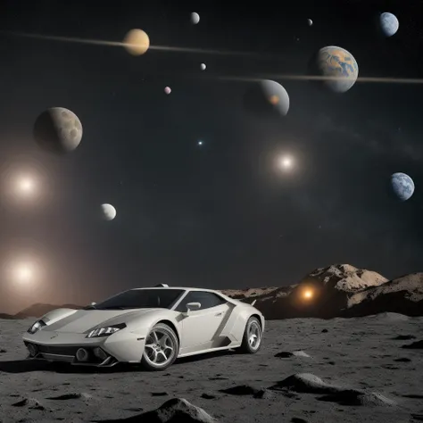 ((Best Quality)), ((Masterpiece)), (detailed), a single lamborghini countach on the moon with space and planets in the background