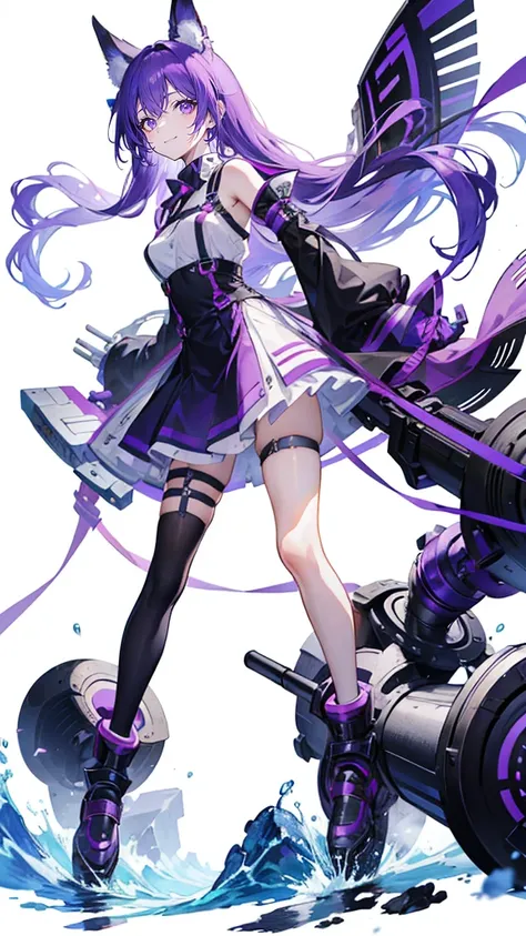 purple hair,girl,1 person,long hair,(body Harness),simple White background,smile,whole body,((full body)),standing position,Standing picture,vtuber,front,How to look at the viewer,Focus your gaze on the front,arm to the side