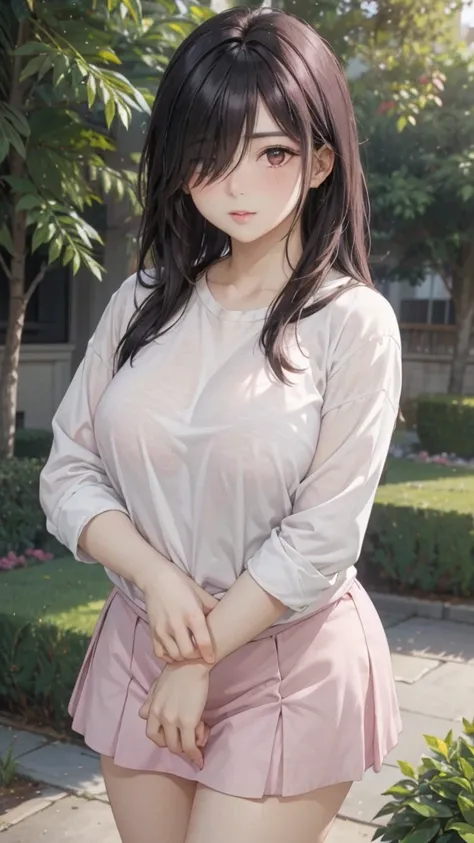 Cute mommy, mature women, realistic skin,perfect ,black hair, long hair, (hair over one eye:1.4), messy hair, hair between eyes, oversize shirt,pink mini skirt, chubby,plump,fat,pucker lips,cute shy blush on,garden, under tree,night 