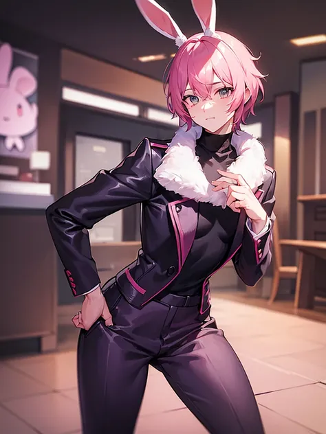 MAN with pink bunny ears with short hair black turtleneck and dark purple pants 