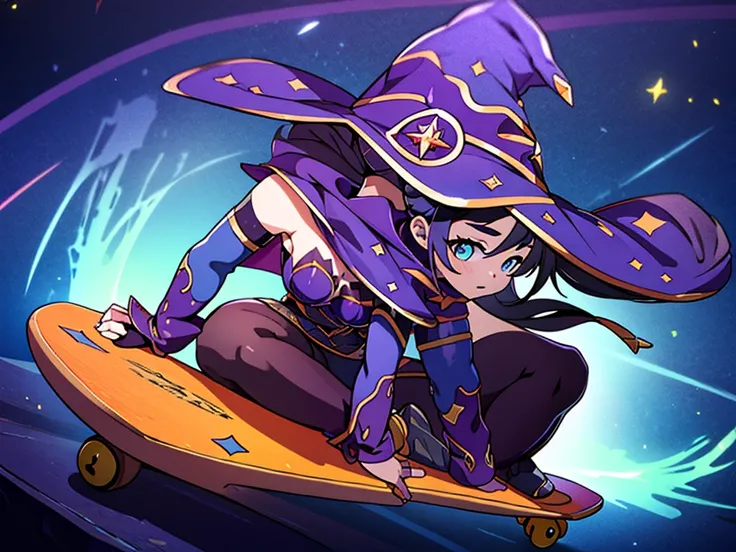 witch girl riding her kateboard, high detail, atmospheric 