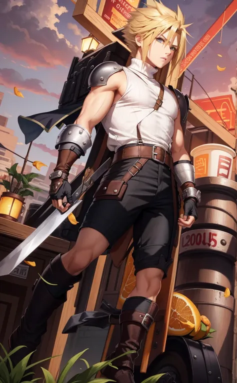 masterpiece, best quality, cloud strife, shoulder armor, sleeveless turtleneck, suspenders, belt, gloves, bracer, upper body, serious expression, looking at viewer, facing forward, city street, night, arms to side,cor de pele morena,  cabelos brancos,  olh...