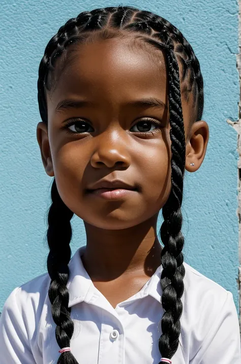 Cartoon of a 5 year old girl in uniform and two black braids with white skin