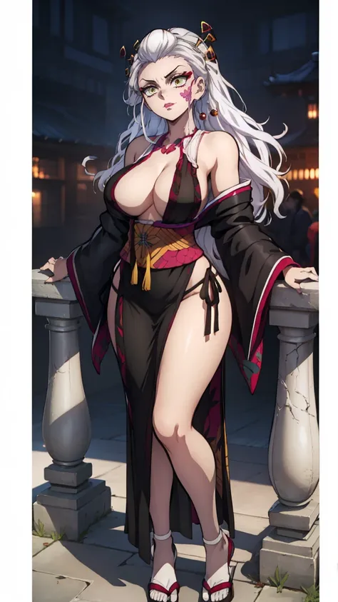 One Demon Girl, looks at the camera, Portrait of a girl, beautiful waist, night, ancient japan, very sexy, grin, fangs обножены,  mouth open, fangs, smile, White hair, erotica, very sexy, beautiful body is completely visible, masterpiece, Best quality, ful...