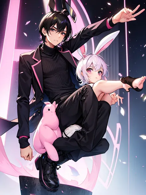 MAN with pink bunny ears with short hair black turtleneck and baggy black pants 