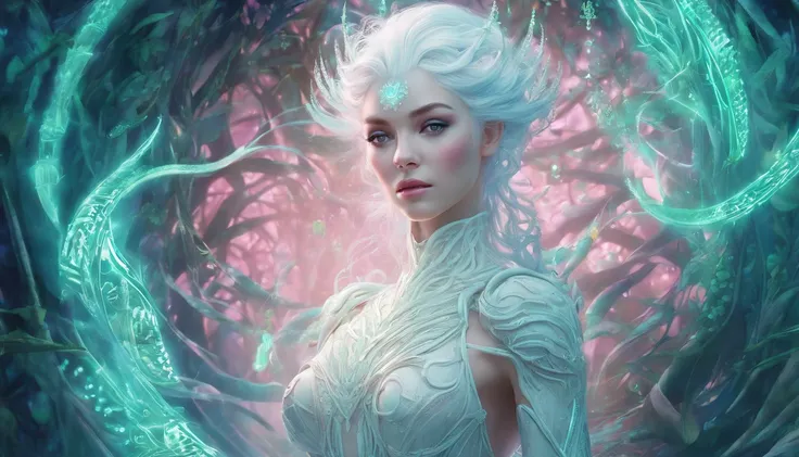 (((Wood elves floating above the forest, Tearing flowers in the forest ))) green hair, body, Radial glow, white fern flowers, Optical, Panoramic lighting, atmospheric perspective, dawn, Smoothing: 5D, Light painting, Color, beautiful countenance, clear fac...