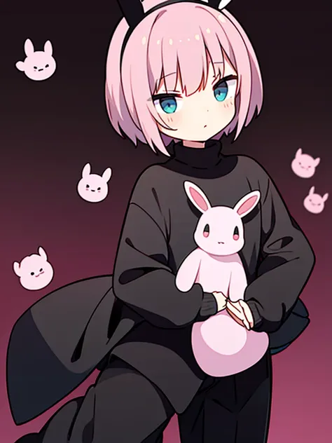 MAN with pink bunny ears with short hair black turtleneck and baggy black pants 