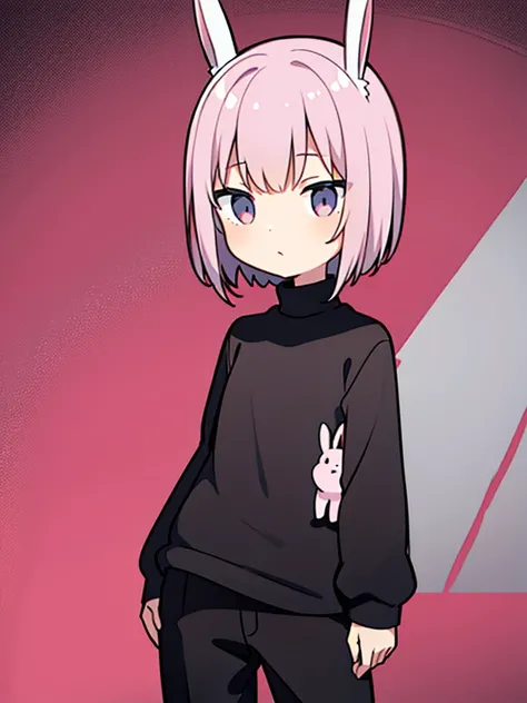 MAN with pink bunny ears with short hair black turtleneck and baggy black pants 