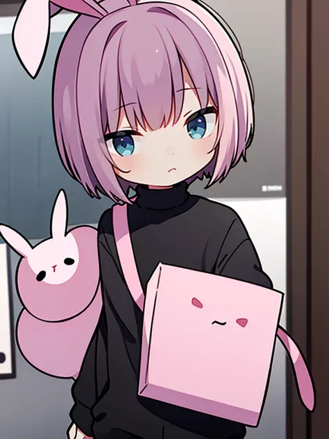 MAN with pink bunny ears with short hair black turtleneck and baggy black pants 