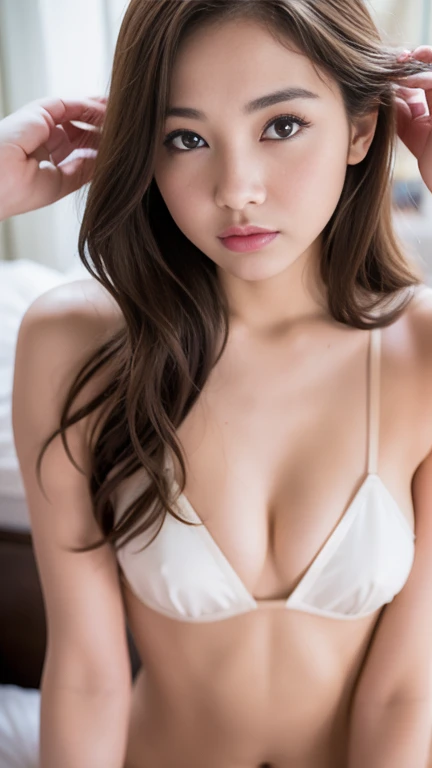 beautiful 20 year old girl, the sexiest woman、long wavy brown hair, light brown eyes, Beautiful brown-haired realistic girl、16 year old girl、complete nudity、no good、no panties、exposing breasts、very sexy and realistic photos、whole body、Angle that emphasizes...