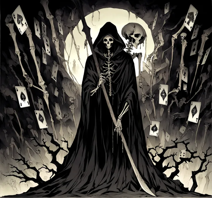 Create an illustration of the Death card from a tarot deck with a fantasy vibe and an eerie, creepy atmosphere. The card should appear old and worn, with visible scratches, rips, and signs of aging. Depict the figure of Death as a skeletal figure or a cloa...