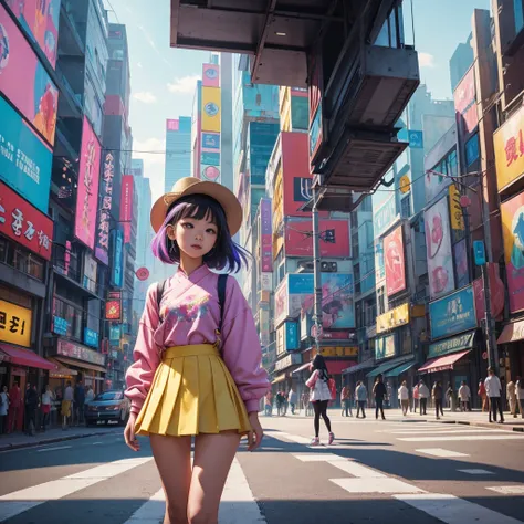 A surreal, photorealistic ilfochrome image of a playful Asian girl, captured at hip level. She is dressed in the latest Chanel fashion, wearing a vibrant mini-skirt made of colorful squares. The girls outfit exudes a sense of whimsy, with an air of sophist...