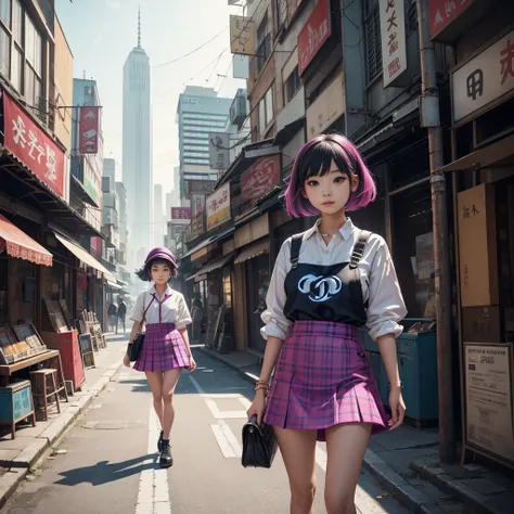 A surreal, photorealistic ilfochrome image of a playful Asian girl, captured at hip level. She is dressed in the latest Chanel fashion, wearing a vibrant mini-skirt made of colorful squares. The girls outfit exudes a sense of whimsy, with an air of sophist...