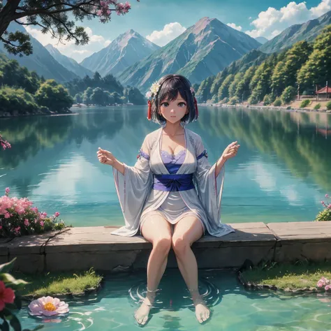 hanfu, 1 girl, medium breasts, cleavage, mountain, soaking feet, session, Chinese park background, white thighs, clear water, (feet: 1.3), too many flowers,