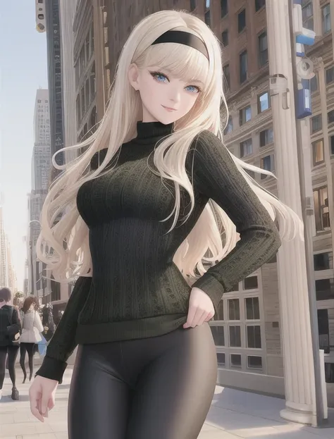 (masterpiece,best quality,absurdres,beautiful,aesthetic,detailed), (Detailed face:1.2), (Detailed eyes:1.2), 1girl, solo, (Gwen Stacy:1.1), platinum blonde hair, bright blue eyes, ((Wearing: Black headband, olive green sweater, shiny black leggings, Ugg Bo...