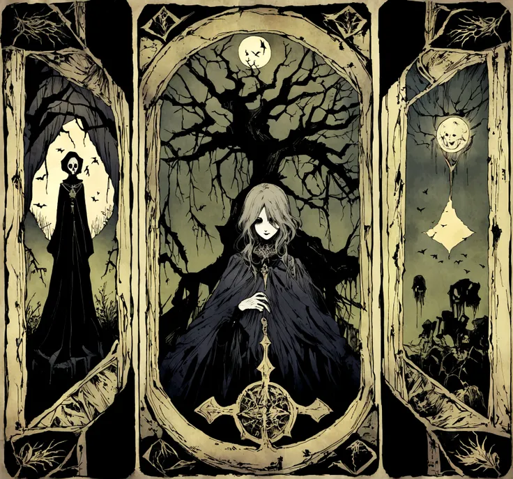 Create a tarot card illustration that exudes a fantasy vibe with an eerie and creepy atmosphere. The card should appear old and worn, with visible scratches, rips, and signs of aging. Include mystical elements and dark, haunting imagery to enhance the cree...