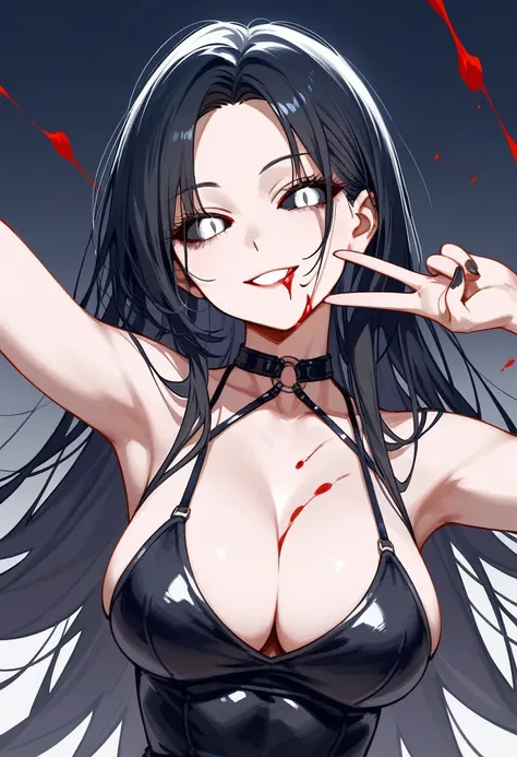 masterpiece, zoom out, score_9, score_8_up, score_7_up, portrait, 1 girl, alone, black hair, long hair, long parted bangs, white eyes, black sclera, (blood tears, small smile), evil, parted lips, expressionless, big breasts, upper body, V-neck strap basic ...