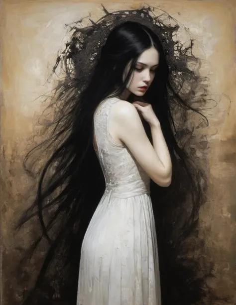 James Gurney, Surrealist art , dream-like, Mysterious, Provocative, symbolic, Complex, detailed,, (Gothic but very beautiful:1.4), (masterpiece, highest quality:1.4) , Nicola Samori Style, girl with long black hair, shes sad, white dress