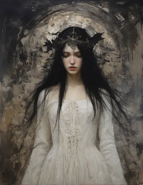 James Gurney, Surrealist art , dream-like, Mysterious, Provocative, symbolic, Complex, detailed,, (Gothic but very beautiful:1.4), (masterpiece, highest quality:1.4) , Nicola Samori Style, girl with long black hair, shes sad, white dress