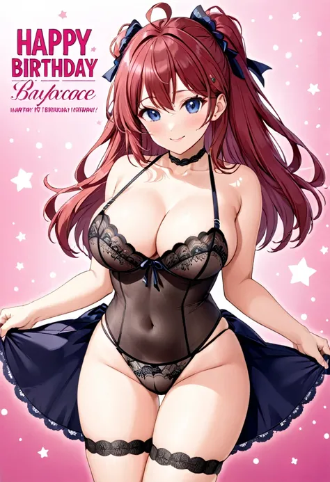 Happy birthday card, sexy waifu, anime style. Busty, lingerie with the words "happy birthday"