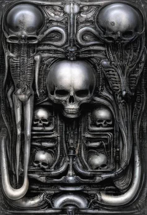 g1g3r, the image is a detailed view of h.r. giger's \" landscape xvi \" plate, featuring a complex network of bones and organs i...