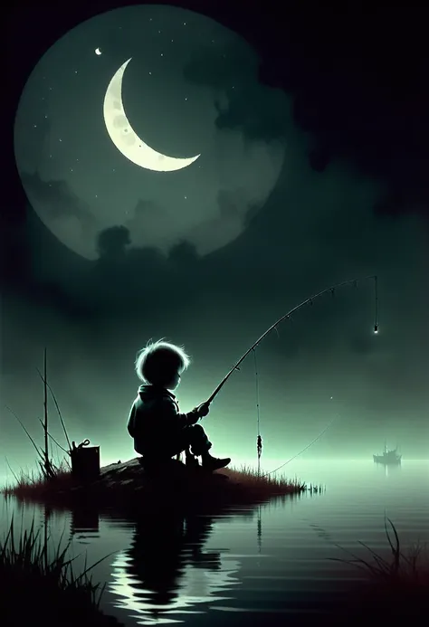 Ashley Wood style, dark scarlet background, Chemiluminescence. (animation. boy fishing sitting on a crescent moon, night, 1 moon, romance, fairytale background) (minimalism: 1), ray tracing details...Stephen Gammell style - Iai in the style of Stephen Gamm...