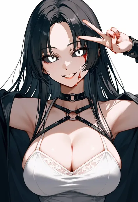 masterpiece, zoom out, score_9, score_8_up, score_7_up, portrait, 1 girl, alone, black hair, long hair, long parted bangs, white eyes, black sclera, (blood tears, small smile), evil, parted lips, expressionless, big breasts, upper body, V-neck strap basic ...