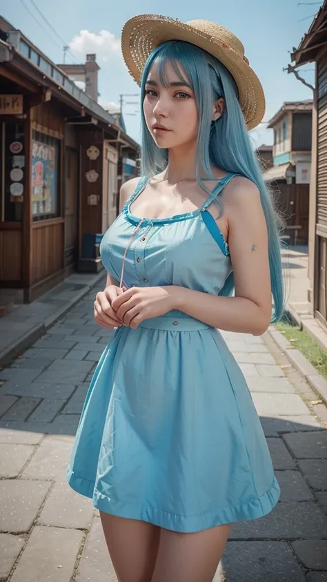 anime girl with blue hair wearing a straw hat and a blue dress, artwork in the style of guweiz, beautiful animated portrait, guweiz, beautiful anime girl, beautiful animated style, anime girl with teal hair, animated style. 8k, in bowater art style, beauti...