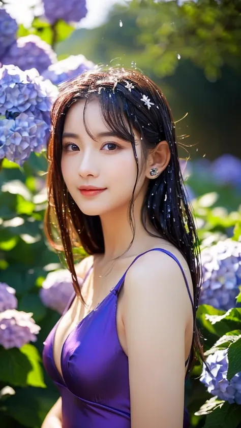 (masterpiece, best quality, ultra detailed, detailed face, 8k:1.3), (a beautiful girl, delicate girl, 22-year-old:1.3), (detailed face, delicate face:1.2), 
BREAK Mystical Guardian, standing amidst the hydrangeas, her gaze fixed in the distance, a serene e...