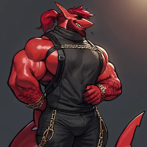 bright red skinned bara shark, very large pecs, strong physique scarlet samurai hair in ponytail, cyan colored eyes, black sclera, very muscular, perfect anatomy, masterpiece, beard, strong jaw, giant biceps, shark tail, wearing sleveless turtleneck, styli...