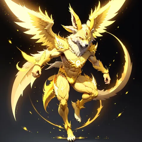 (1 wolf) full body, a white eyed yellow carbuncle, a winged four pointy ears yellow carbuncle with yellow lightning, yellow spik...