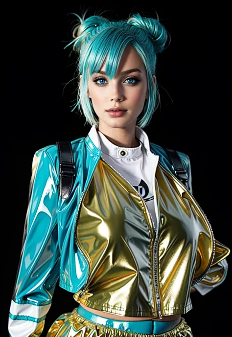 woman with cyan blue hair, duoble bun haircut, cyan blue latex crop jacket, gold shirt