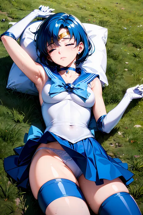 {{Sailor Mercury}}１４Year　so beautiful,　((Very small breasts)) Highest quality, Realistic, Complex, Overall Details　Blue Hair, Magical girl, eye are blue, Blue Skirt, Cute white panties 白い肘までの長さの手袋, tiara, Pleated skirt ,Blue long boots　Light Blue Sailor Ne...