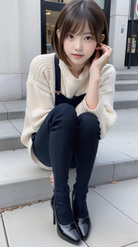 Photo taken by a professional photographer，Close-up of a woman squatting on the sidewalk with her legs crossed, kiko mizuhara, wearing a sweater, Shirahime cut brown hair, wearing a sweater, young and cute girl, japanese model, 白いwearing a sweater, Chiho, ...