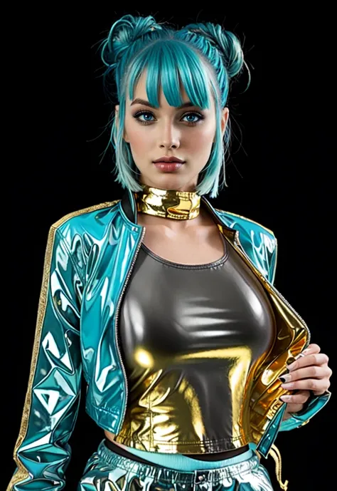 woman with cyan blue hair, duoble bun haircut, cyan blue latex crop jacket, gold shirt