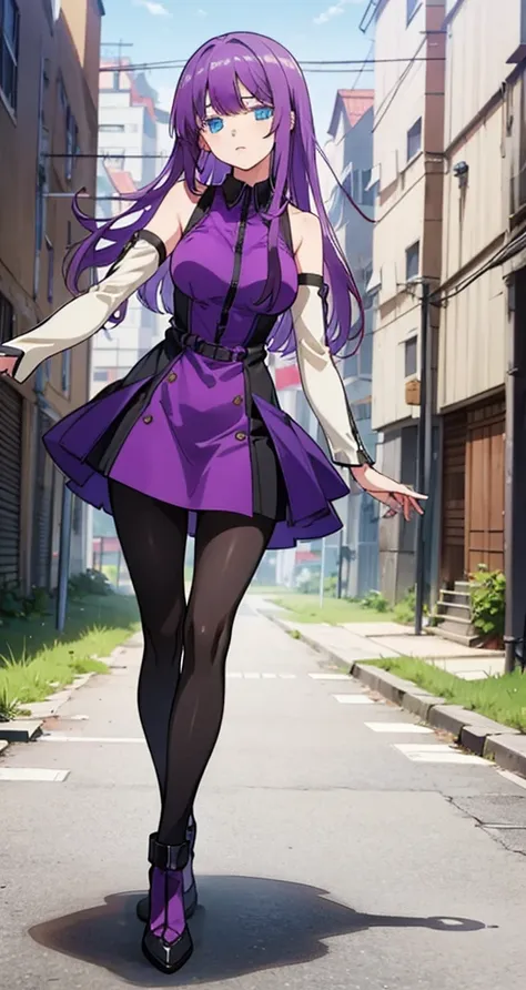 masterpiece, best quality, 1girl, mira suou, purple hair, blue eyes, short dress, detached sleeves, pantyhose, outdoor, slums background, 