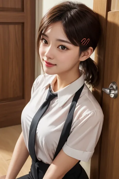 masterpiece, best quality, ultra-detailed, illustration, epic lighting, cinematic composition, isometric, 1girl, solo, cute, brown eyes, black hair, swept bangs, single sidelock, red hairclip, white collared shirt, black necktie, black pants, formal, encha...