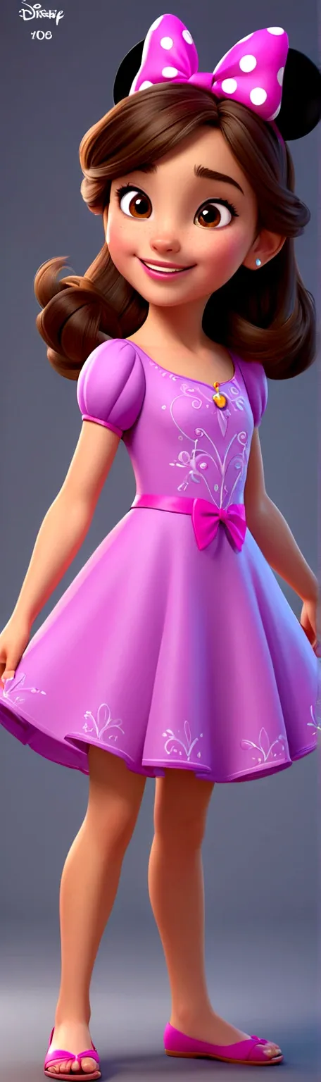 Generate a 3D 10 year old model of a Disney character with brown hair and brown eyes, wearing neon dress, radiant and happy. The model must be detailed enough to support 16K resolution, capturing the character&#39;its joyful and vibrant essence.