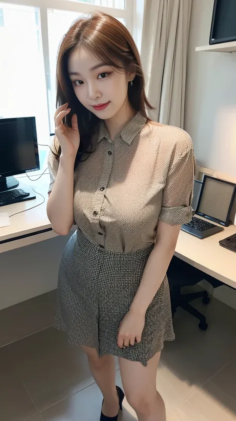 ((top-quality、​masterpiece、photographrealistic:1.4、in 8K))、Beautuful Women１a person、25years old、beautiful hairl、delicate and beautiful face、Eyes and faces with detailed 、(Modern workplace with computer:1.2)、(Shirt:1.2)、(standing:1.2)、A smile、Beautiful ligh...